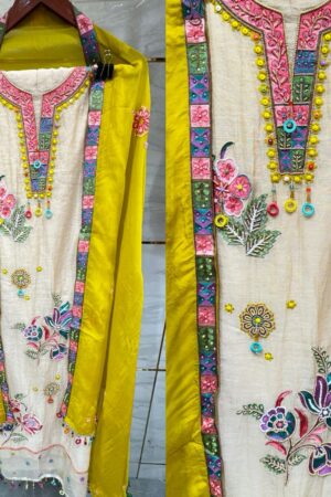 Pure Mal Chanderi Cotton Kurta Set with Multi Hand Embroidery & Contrast Dupatta