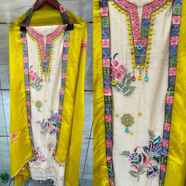 Pure Mal Chanderi Cotton Kurta Set with Multi Hand Embroidery & Contrast Dupatta