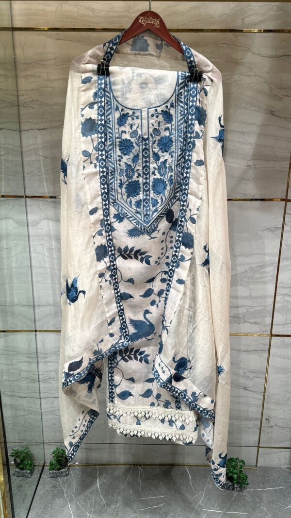 Pure Mal Chanderi Cotton Kurta with Floral Embroidery & Peacock Print - Image 4