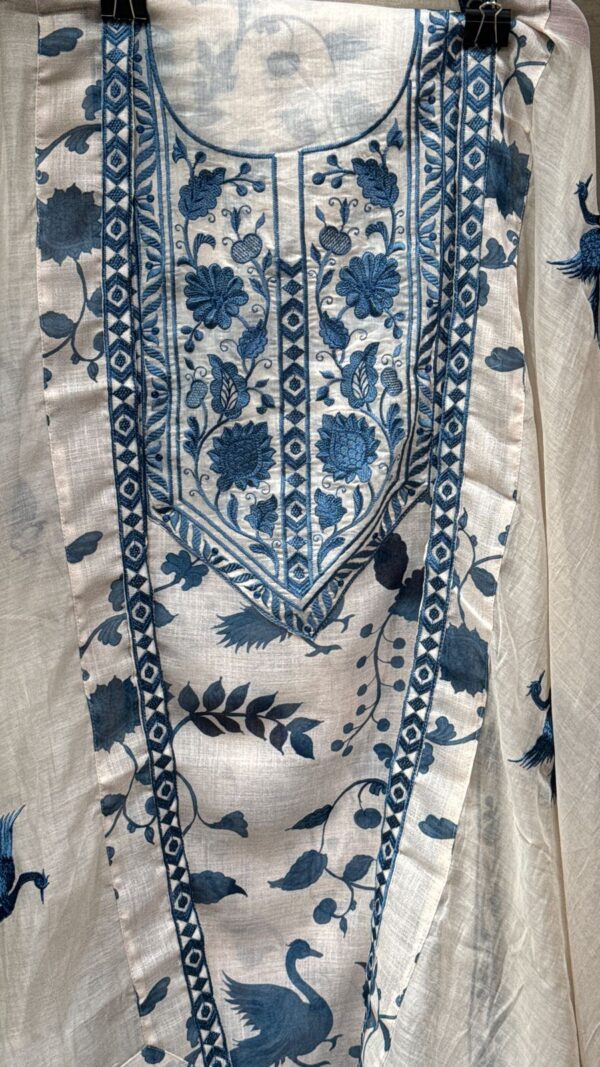 Pure Mal Chanderi Cotton Kurta with Floral Embroidery & Peacock Print - Image 2
