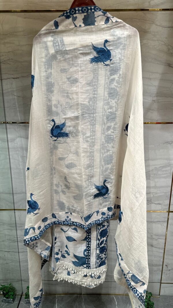 Pure Mal Chanderi Cotton Kurta with Floral Embroidery & Peacock Print - Image 3