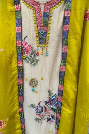 Pure Mal Chanderi Cotton Kurta Set with Multi Hand Embroidery & Contrast Dupatta