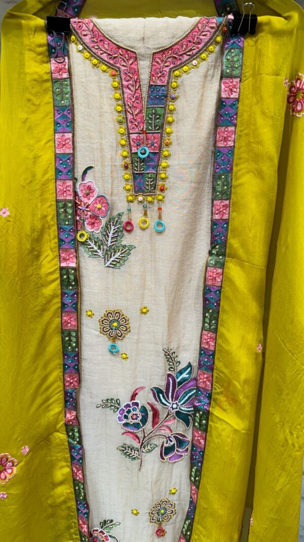Pure Mal Chanderi Cotton Kurta Set with Multi Hand Embroidery & Contrast Dupatta - Image 2