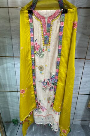 Pure Mal Chanderi Cotton Kurta Set with Multi Hand Embroidery & Contrast Dupatta