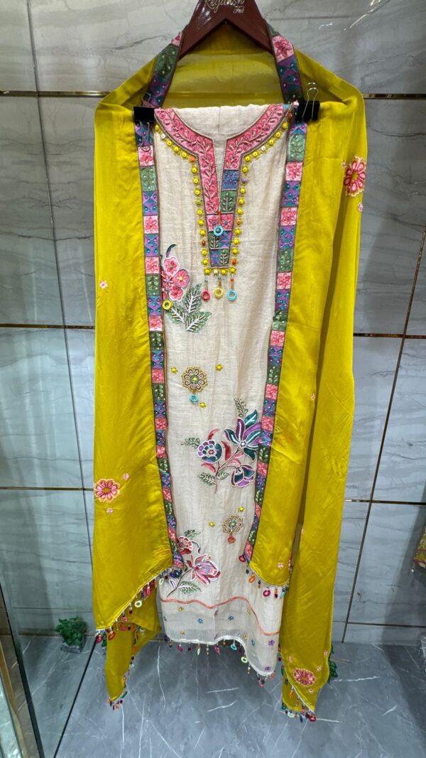 Pure Mal Chanderi Cotton Kurta Set with Multi Hand Embroidery & Contrast Dupatta - Image 4