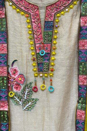 Pure Mal Chanderi Cotton Kurta Set with Multi Hand Embroidery & Contrast Dupatta