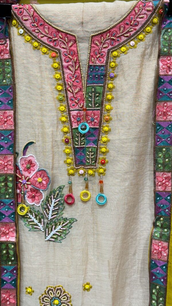 Pure Mal Chanderi Cotton Kurta Set with Multi Hand Embroidery & Contrast Dupatta - Image 3
