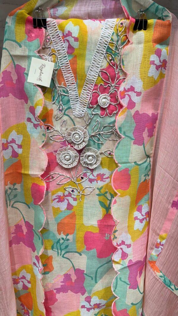 Pure Linen Cotton Kurta with Multi Floral Print & Thread Embroidery on Neck - Image 2