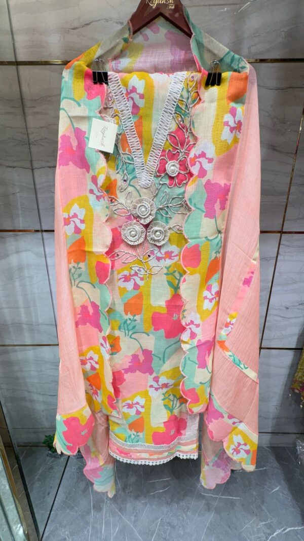 Pure Linen Cotton Kurta with Multi Floral Print & Thread Embroidery on Neck - Image 4