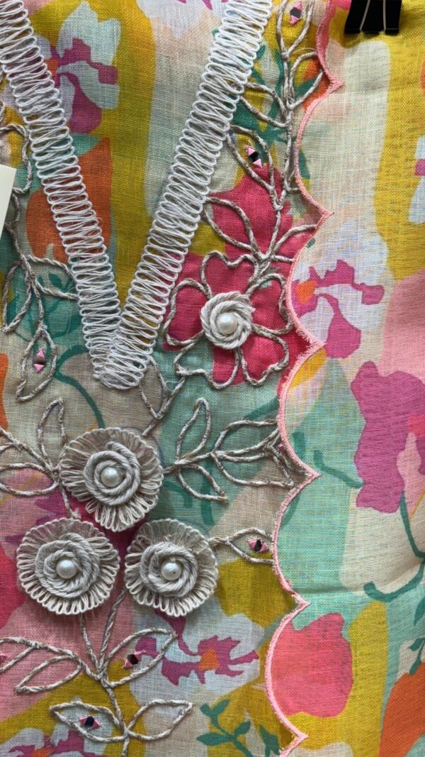 Pure Linen Cotton Kurta with Multi Floral Print & Thread Embroidery on Neck - Image 3