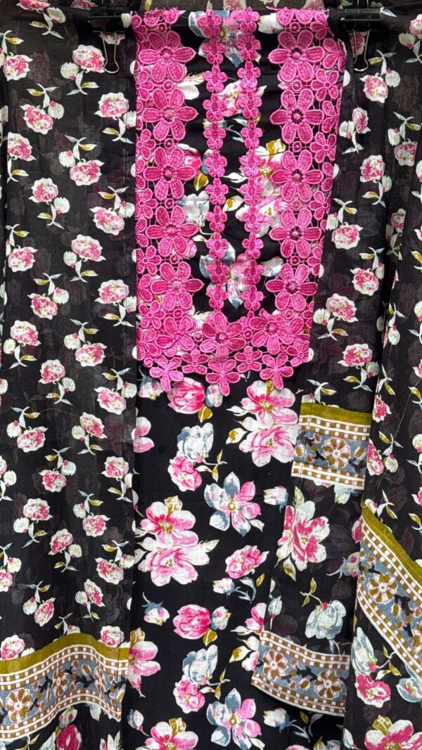 Pure Cotton Floral Print Unstitched Suit Fabric with Lace Detailing - Image 2