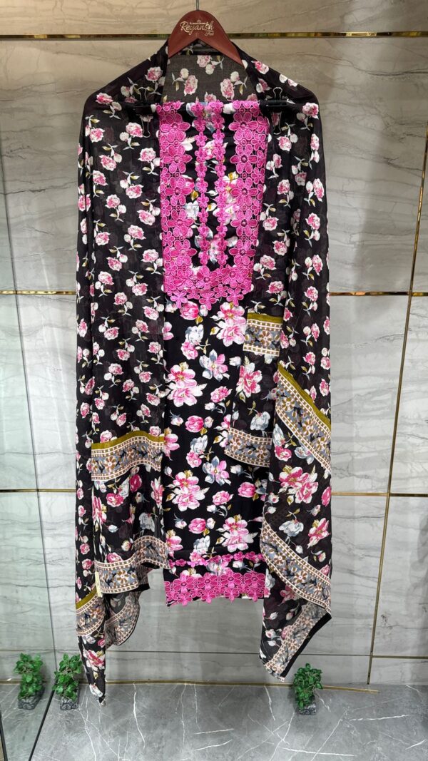 Pure Cotton Floral Print Unstitched Suit Fabric with Lace Detailing - Image 3