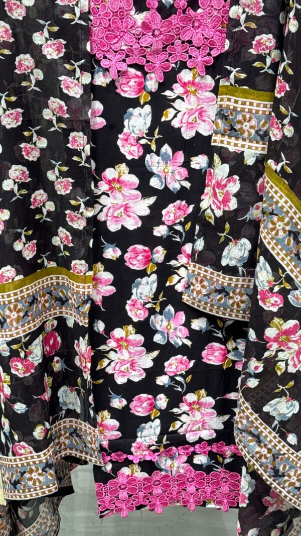 Pure Cotton Floral Print Unstitched Suit Fabric with Lace Detailing - Image 4