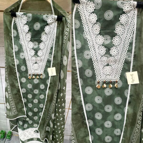 Pure Cotton Unstitched Suit Fabric with Print & Intricate Laces