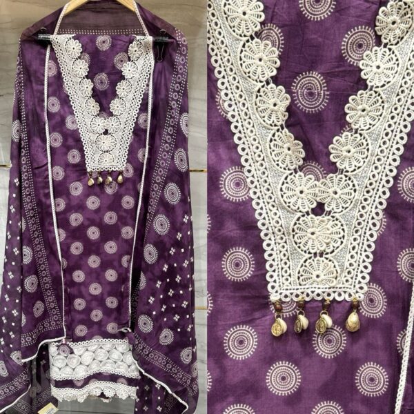 Purple Pure Cotton Unstitched Suit Fabric with Print & Intricate Laces