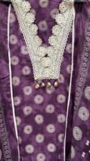 Purple Pure Cotton Unstitched Suit Fabric with Print & Intricate Laces