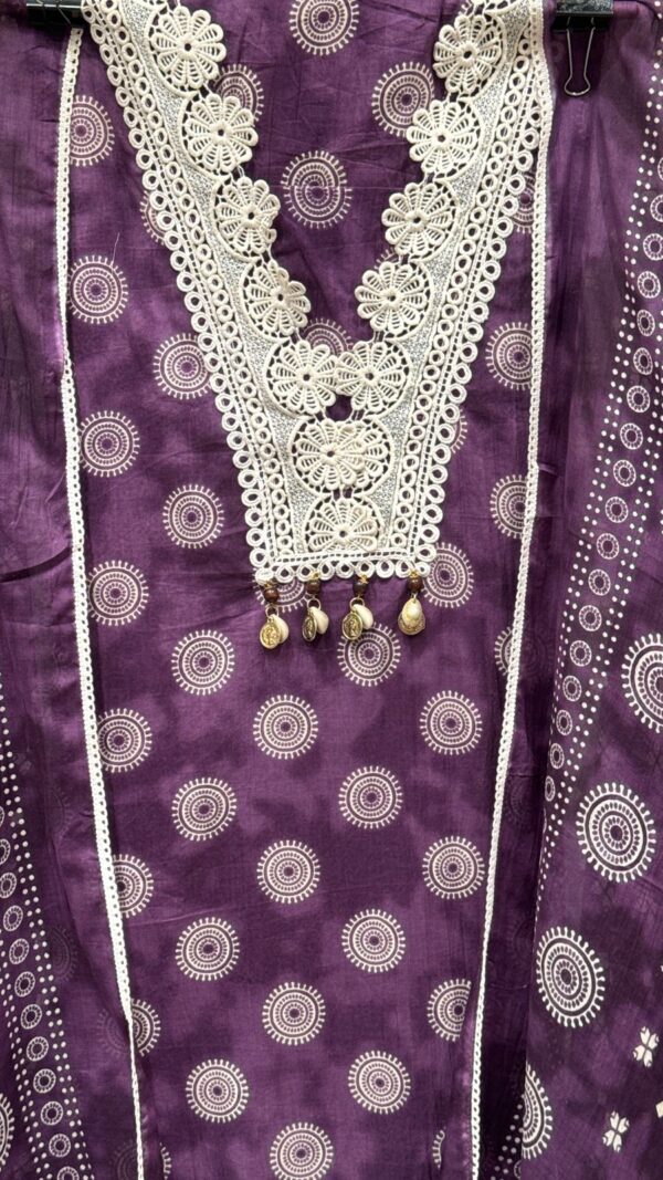 Purple Pure Cotton Unstitched Suit Fabric with Print & Intricate Laces - Image 3