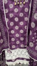 Purple Pure Cotton Unstitched Suit Fabric with Print & Intricate Laces