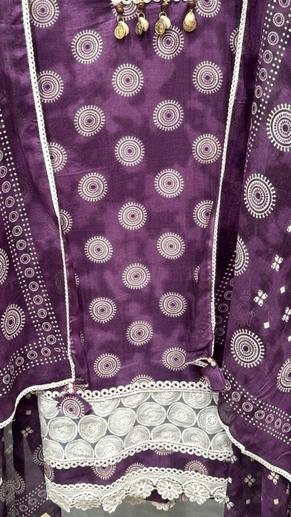Purple Pure Cotton Unstitched Suit Fabric with Print & Intricate Laces - Image 2
