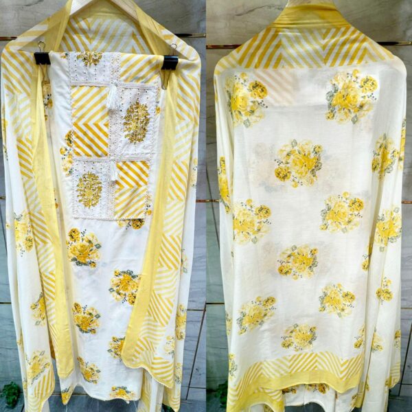 Pure Linen Unstitched Suit with Nodi Thread Work & Yellow Floral Print