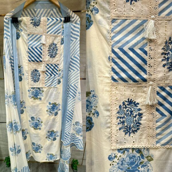 Pure Linen Unstitched Suit with Nodi Thread Work & Blue Floral Print