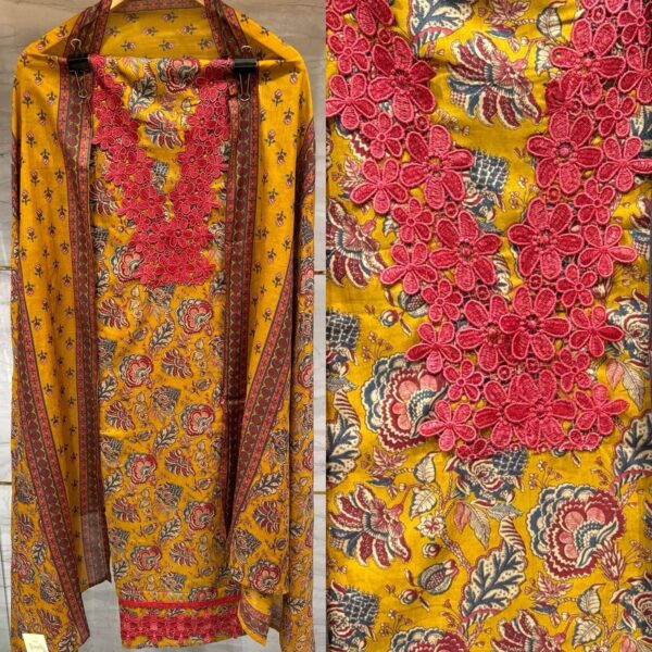 Yellow Pure Cotton Unstitched Suit Fabric with Floral Print & Cut Work Design