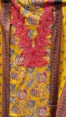 Yellow Pure Cotton Unstitched Suit Fabric with Floral Print & Cut Work Design
