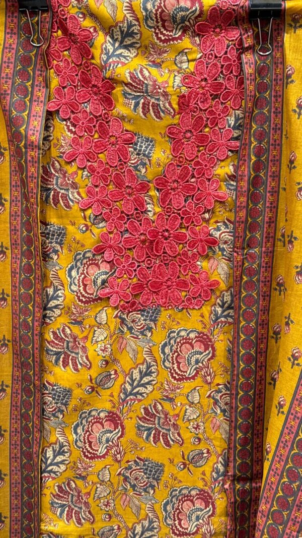 Yellow Pure Cotton Unstitched Suit Fabric with Floral Print & Cut Work Design - Image 2