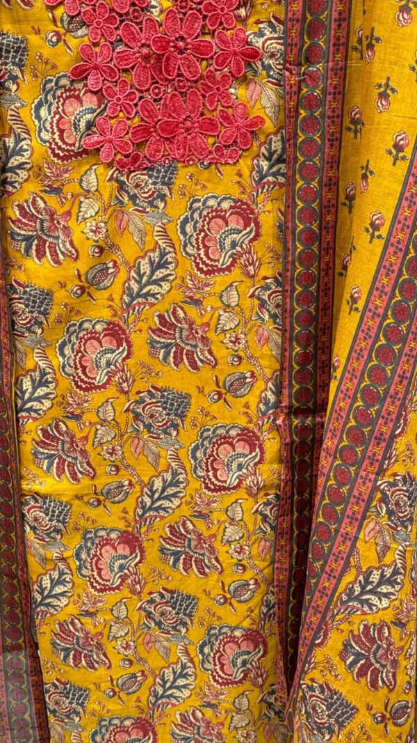 Yellow Pure Cotton Unstitched Suit Fabric with Floral Print & Cut Work Design - Image 3