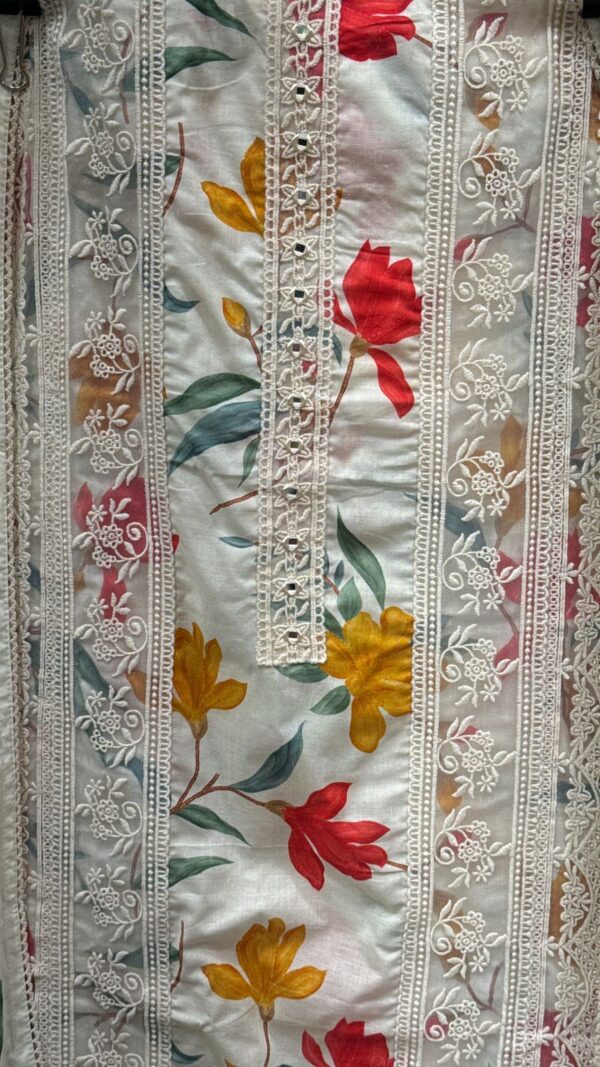 Pure Cotton Unstitched Suit Fabric with Vibrant Floral Print & Laces - Image 4