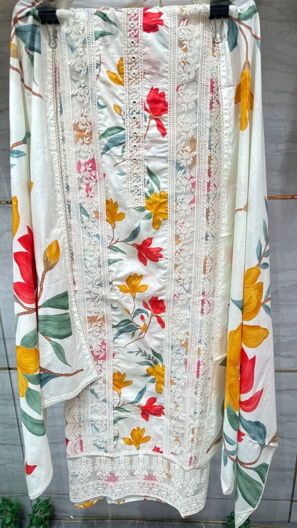 Pure Cotton Unstitched Suit Fabric with Vibrant Floral Print & Laces - Image 2