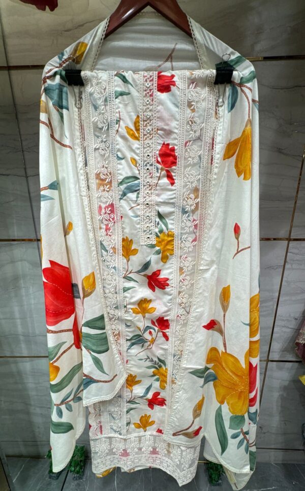 Pure Cotton Unstitched Suit Fabric with Vibrant Floral Print & Laces - Image 3
