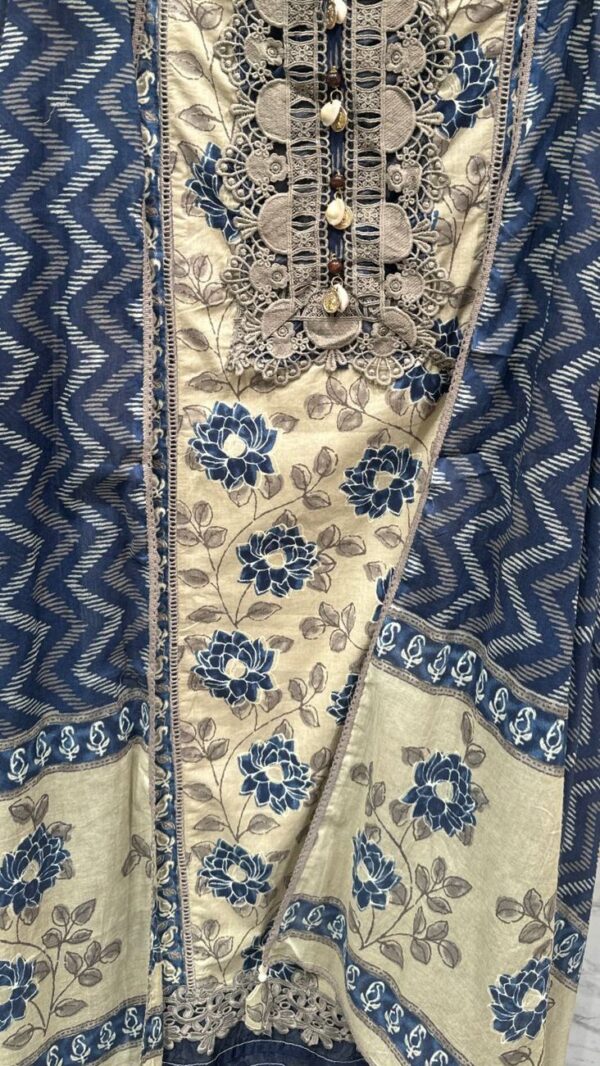Vibrant Pure Cotton Unstitched Suit Fabric with Floral Print & Laces - Image 2
