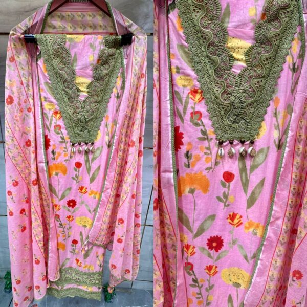 Pink Pure Cotton Unstitched Suit with Floral Print & Green Lace Designing