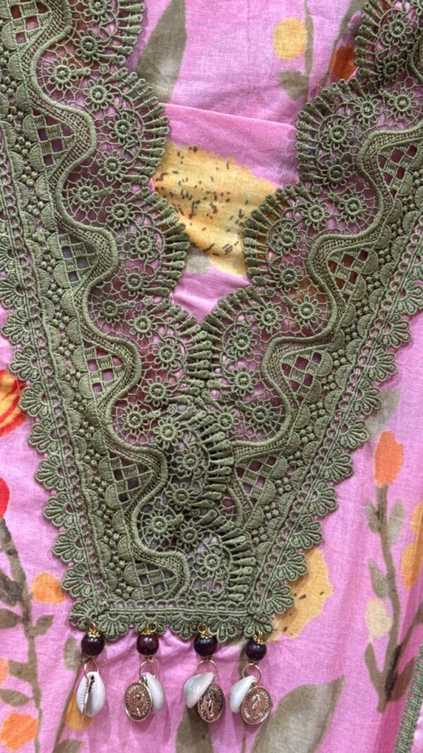 Pink Pure Cotton Unstitched Suit with Floral Print & Green Lace Designing - Image 2