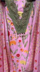 Pink Pure Cotton Unstitched Suit with Floral Print & Green Lace Designing