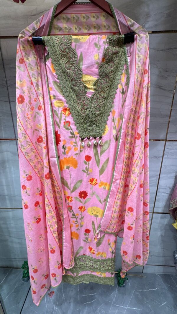 Pink Pure Cotton Unstitched Suit with Floral Print & Green Lace Designing - Image 3