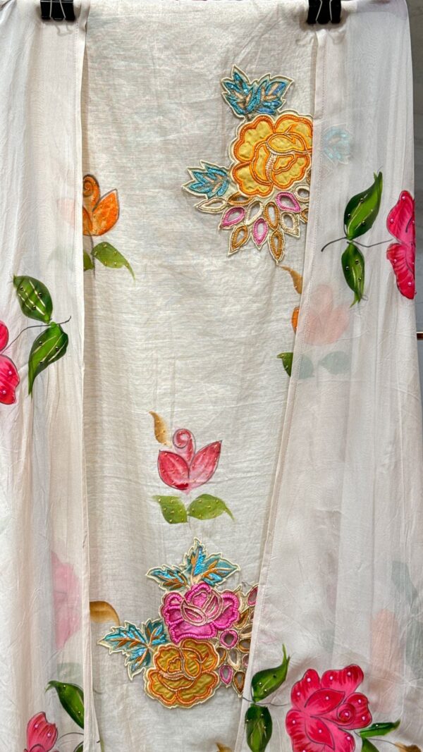 Pure Mal Chanderi Cotton Unstitched Suit with Floral Print & Hand Patch Work - Image 3