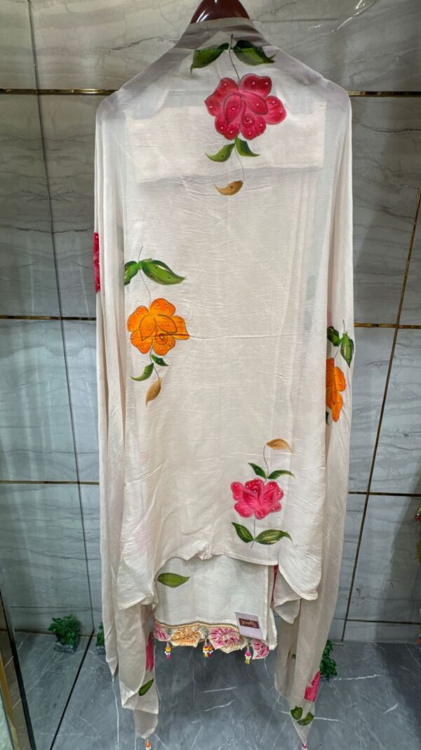 Pure Mal Chanderi Cotton Unstitched Suit with Floral Print & Hand Patch Work - Image 4