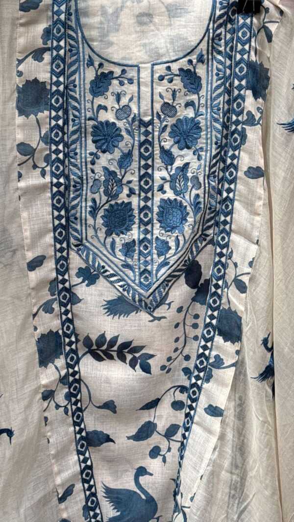 Pure Mal Chanderi Cotton Unstitched Suit with Blue Peacock Print & Floral Embroidery - Image 2