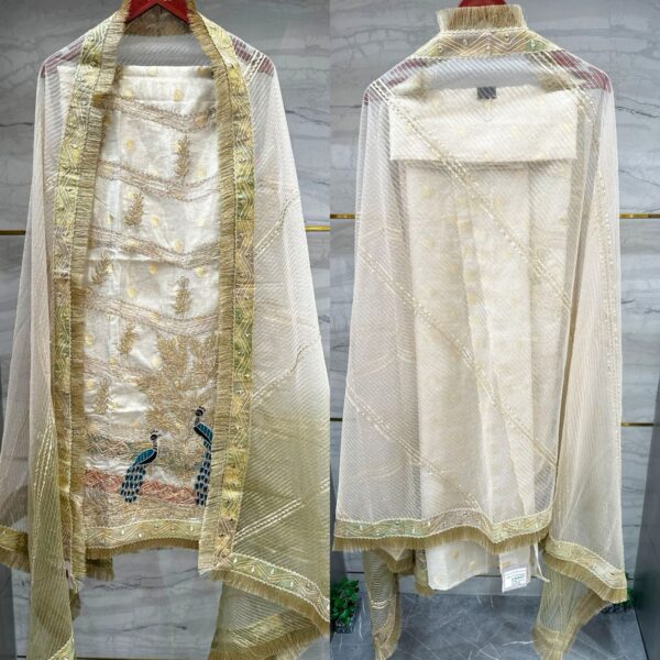 Exquisite Shimmer Silk Unstitched Suit with Dori, Gota & Mirror Work