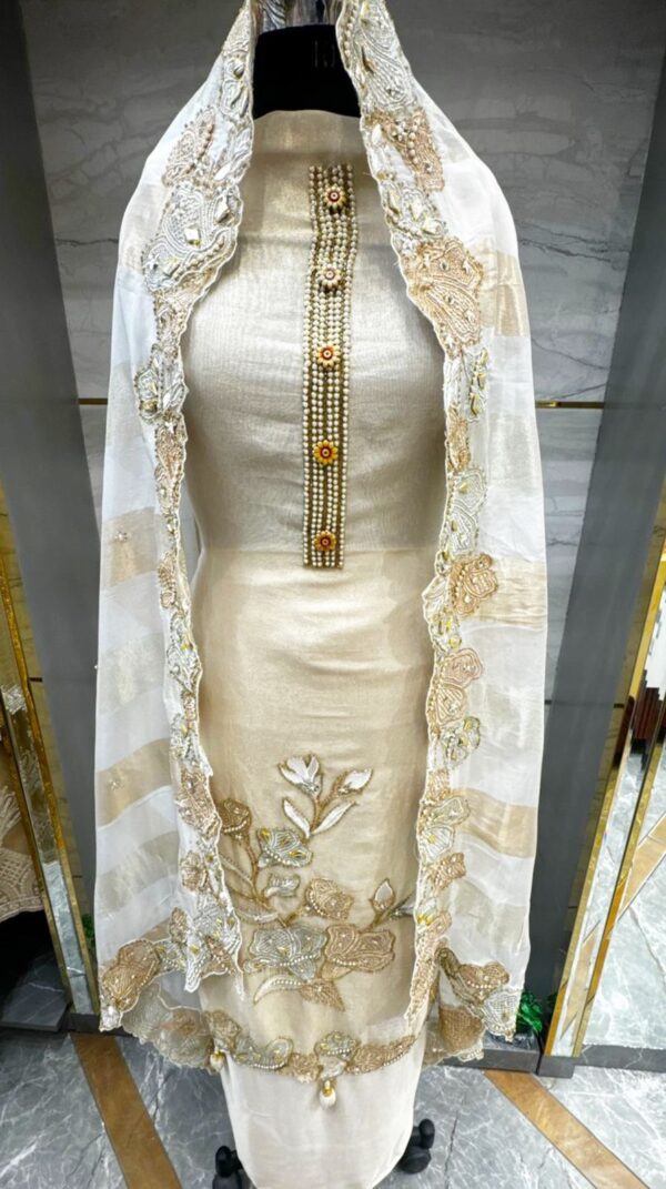 Exquisite Pure Tissue Unstitched Suit with Cutdana, Pearl & Dori Handwork