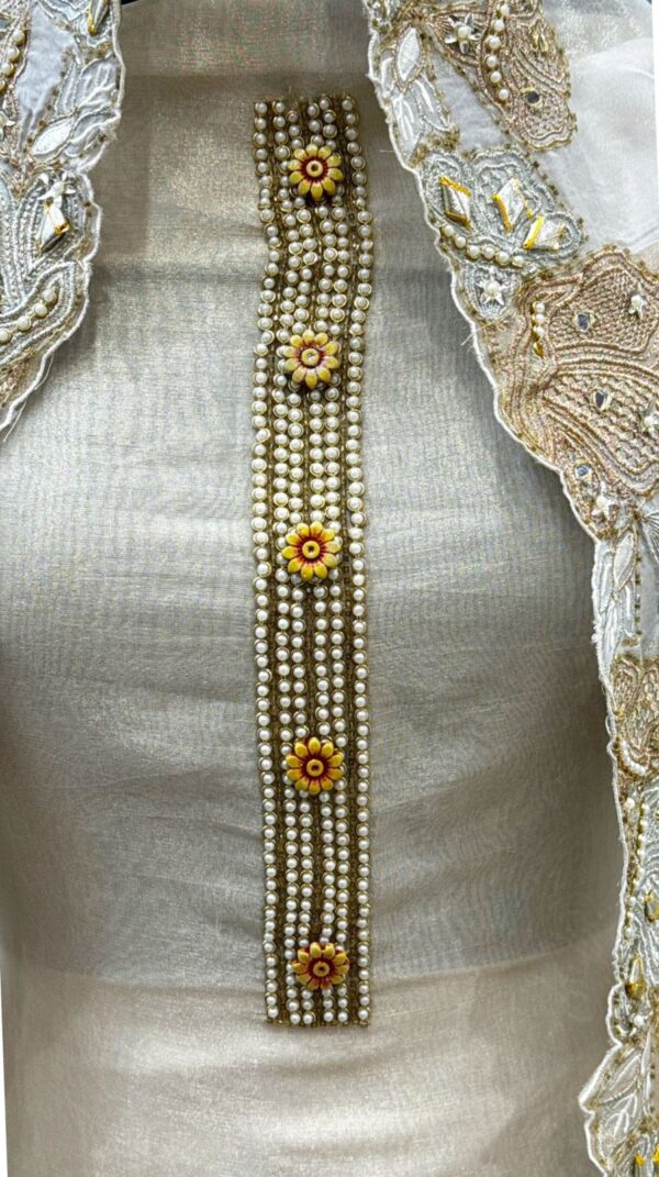 Exquisite Pure Tissue Unstitched Suit with Cutdana, Pearl & Dori Handwork - Image 3