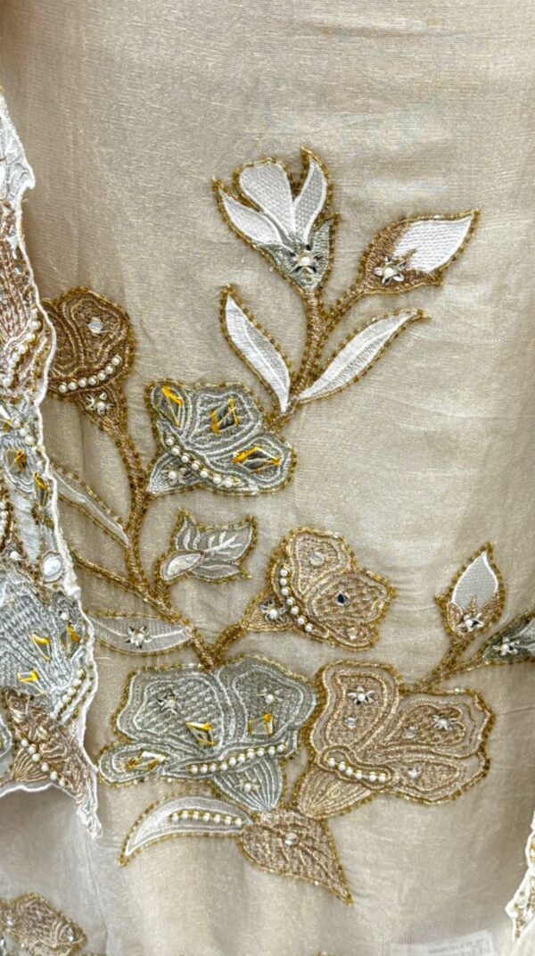 Exquisite Pure Tissue Unstitched Suit with Cutdana, Pearl & Dori Handwork - Image 2