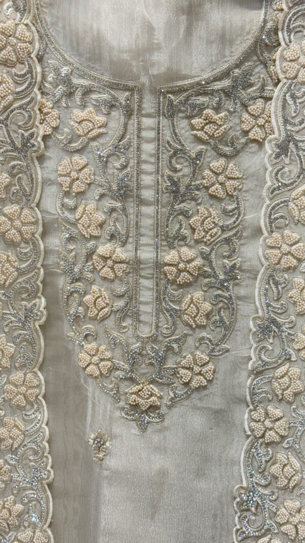 Pure Organza Unstitched Suit with Pearl, Zarkan &resham work - Image 3