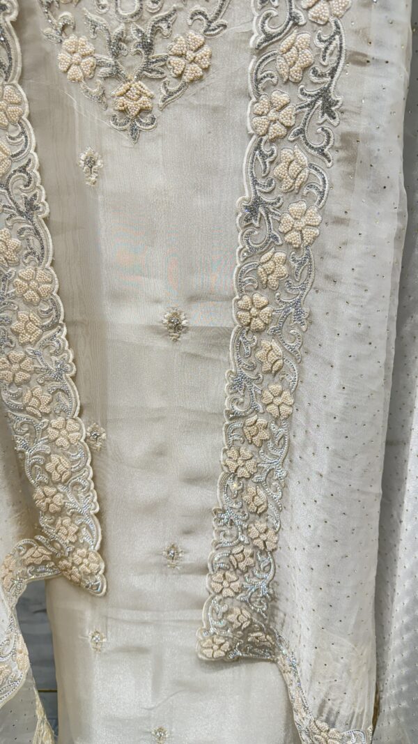 Pure Organza Unstitched Suit with Pearl, Zarkan &resham work - Image 2