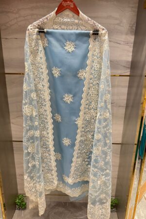 Pure Organza Unstitched Suit with intricate zarkan and resham work.