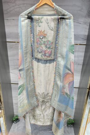 Pure Tissue Unstitched Suit with Elegant Neck Work & Floral Dupatta
