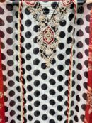 Elegant Pure Organza Polka Dot suit set with floral dupatta.