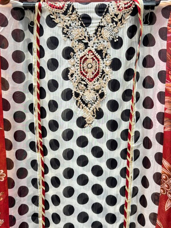 Elegant Pure Organza Polka Dot suit set with floral dupatta. - Image 2